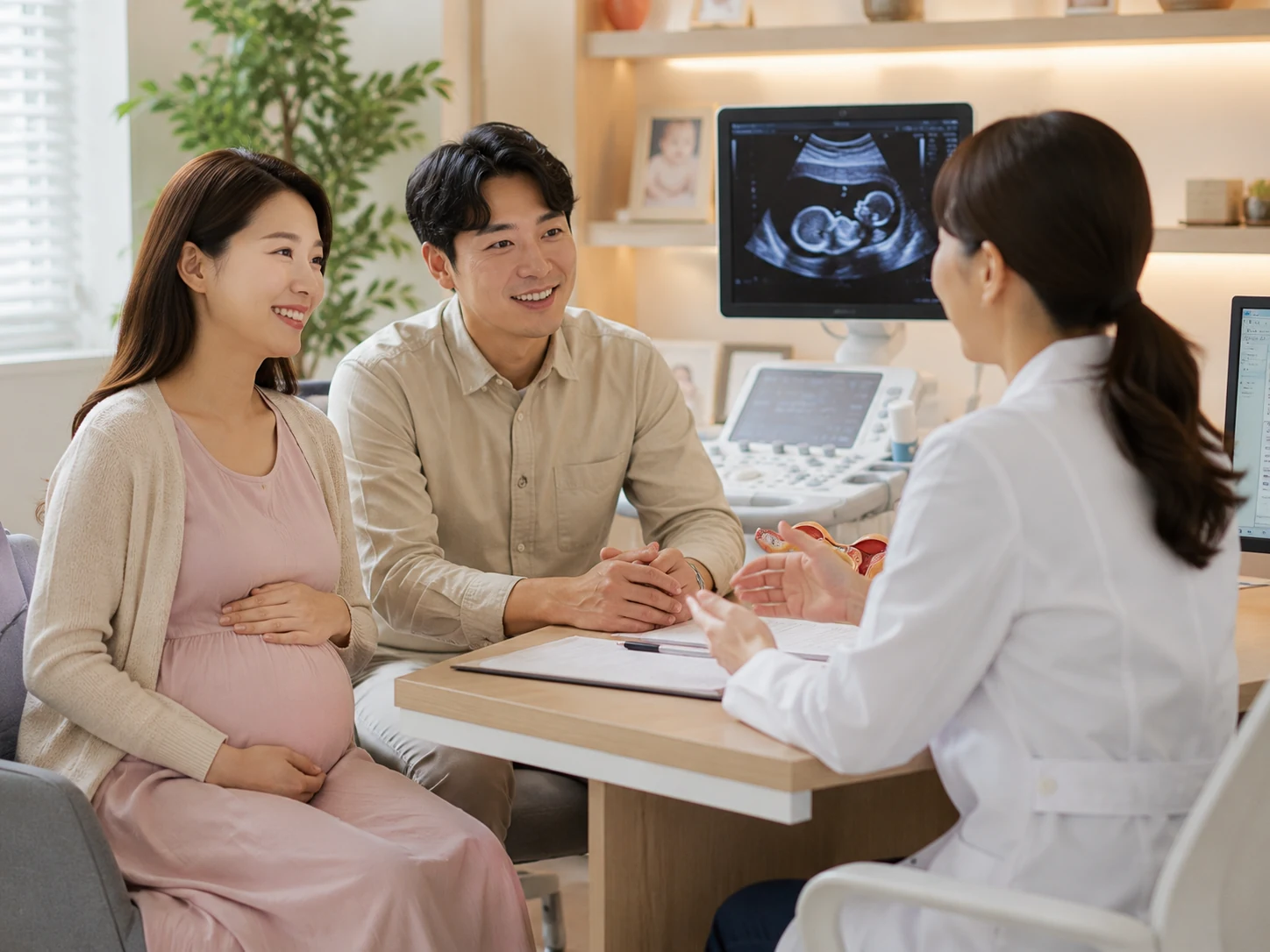 산부인과에서 임신 중 필요한 내용을 상담하는 예비부부