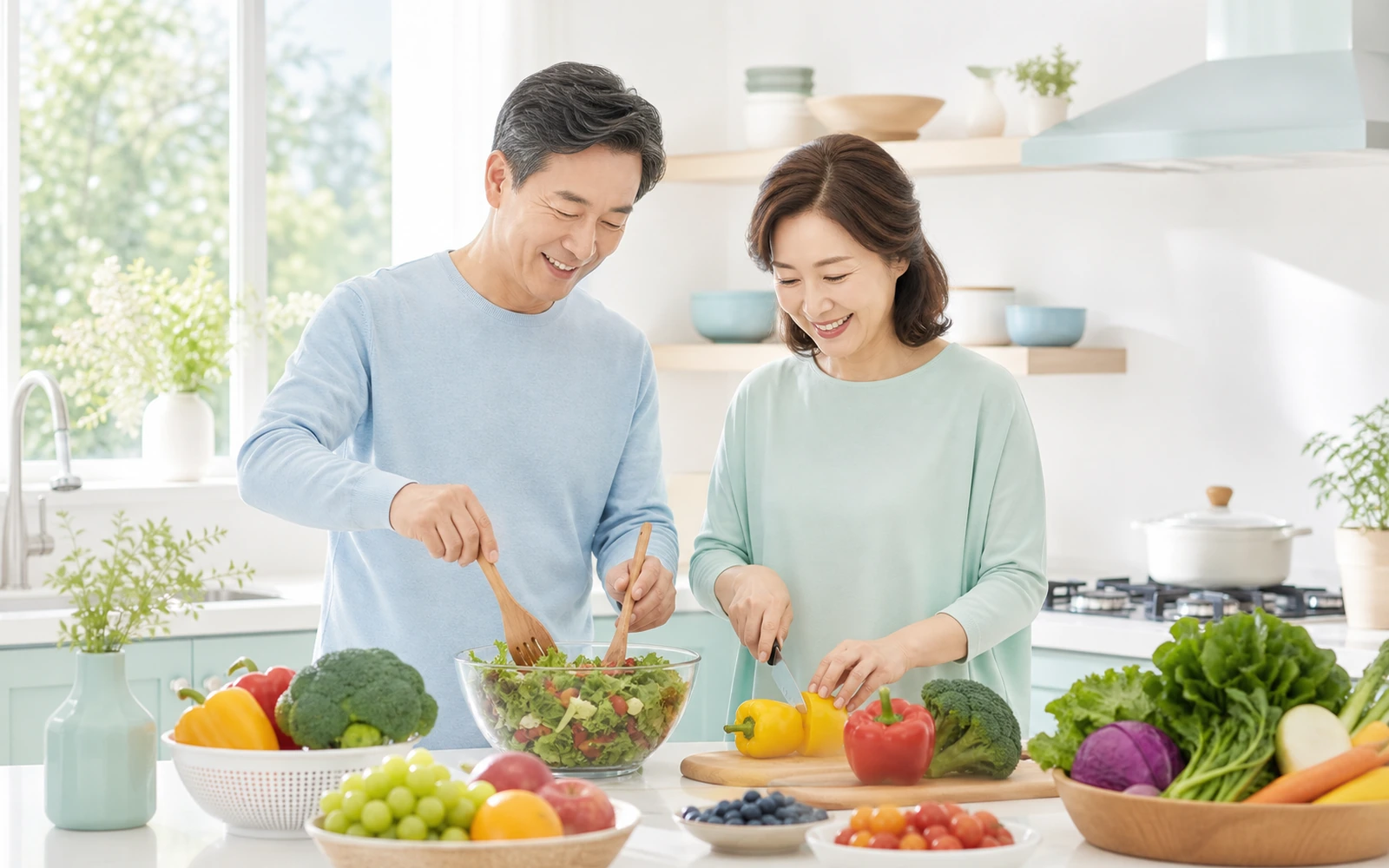 건강한 생활을 위해 함께 식사를 준비하는 가족