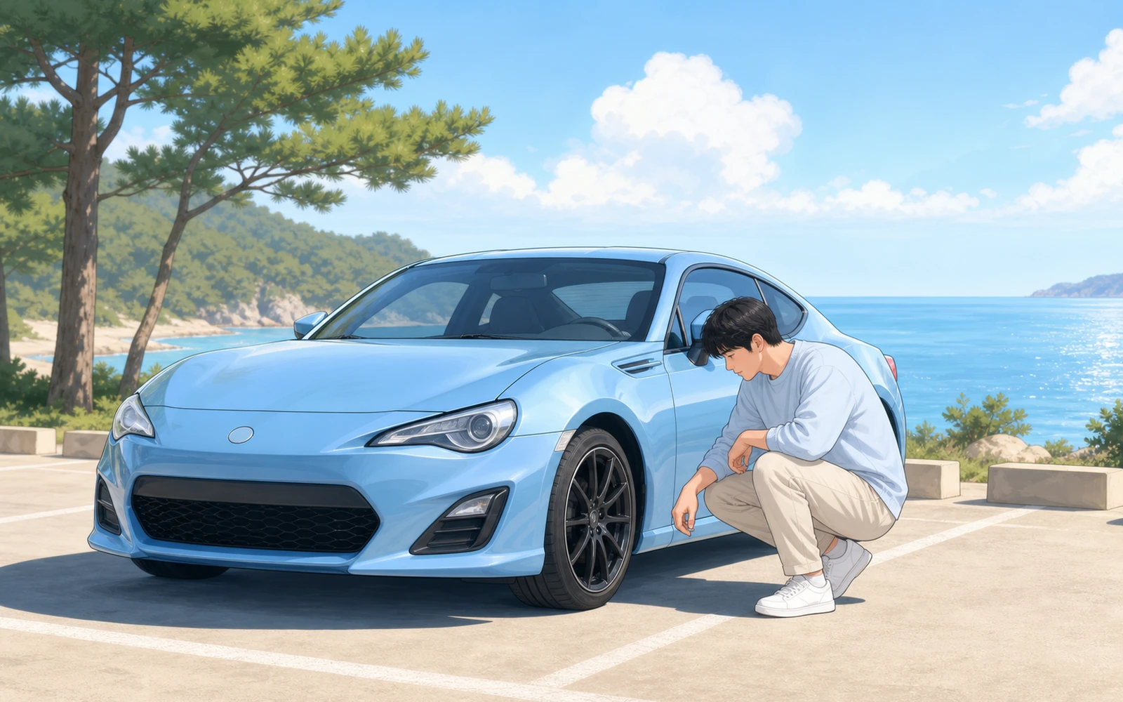 차량 타이어 상태를 확인하는 운전자