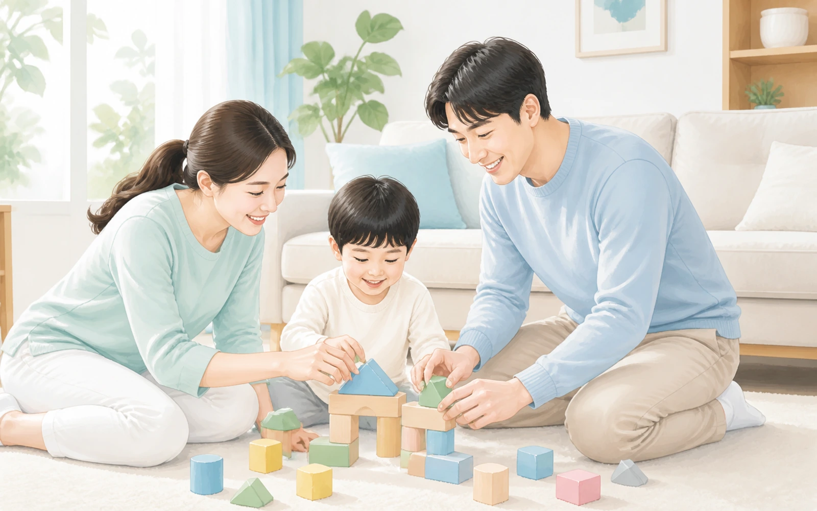 부모와 아이가 함께 블록 놀이를 하는 모습