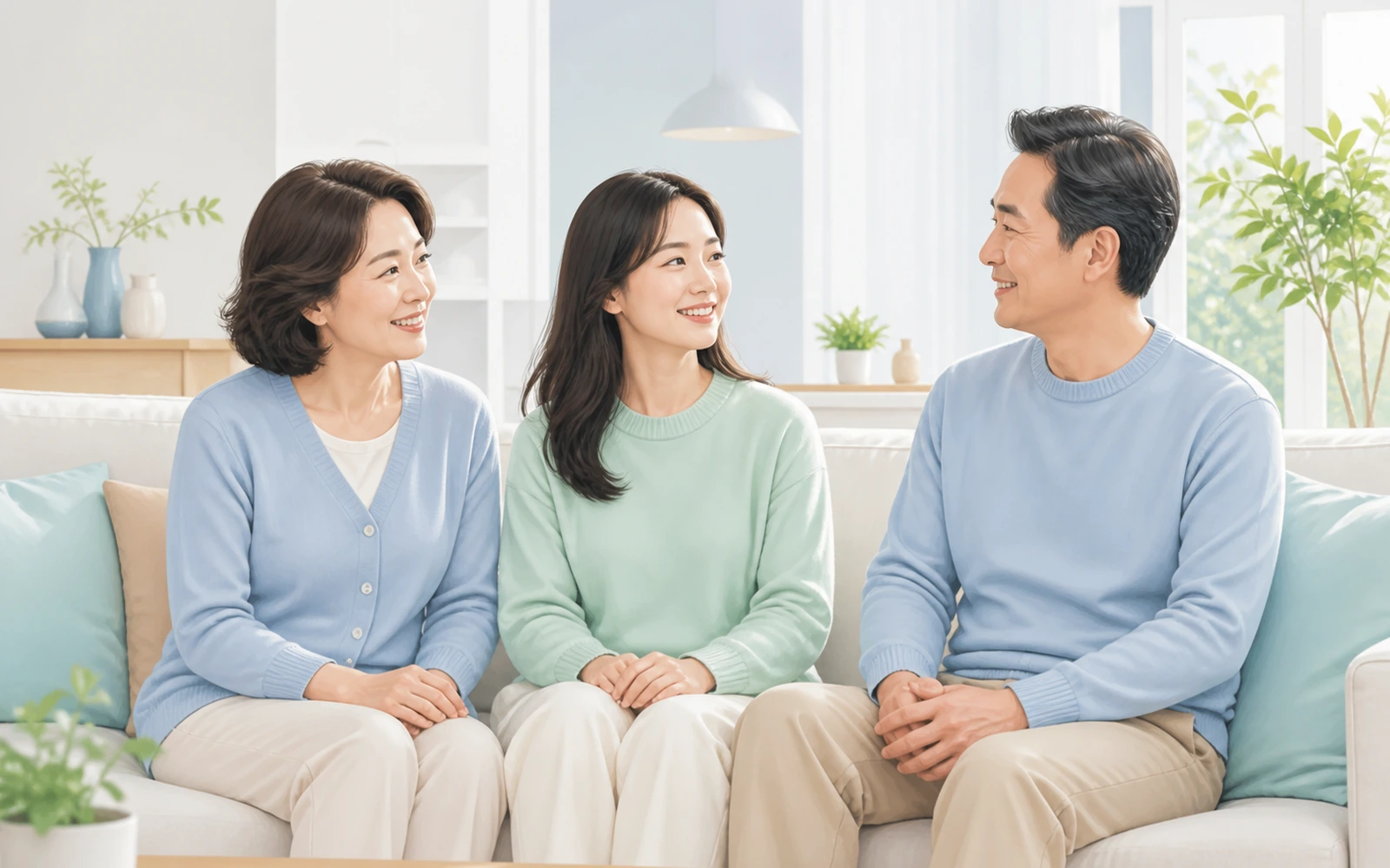 가족이 함께 현재 보장과 필요한 조건을 이야기하는 모습