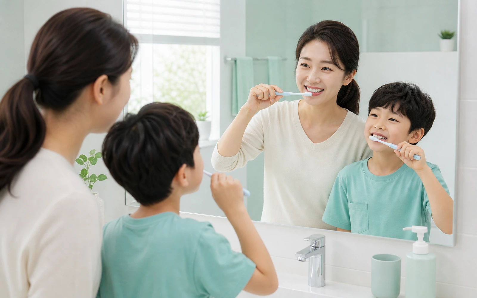 가족이 함께 양치하며 치아 건강을 관리하는 모습