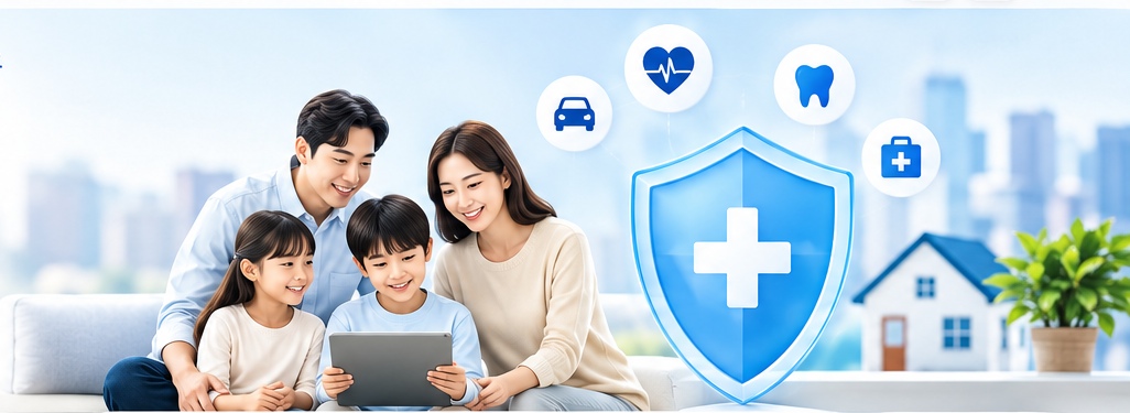 보험 비교 화면과 가족, 자동차, 주택을 표현한 이미지